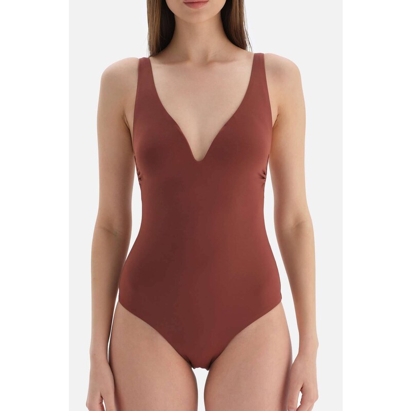 Dagi Brown Triangle Wide V-Neck Swimsuit