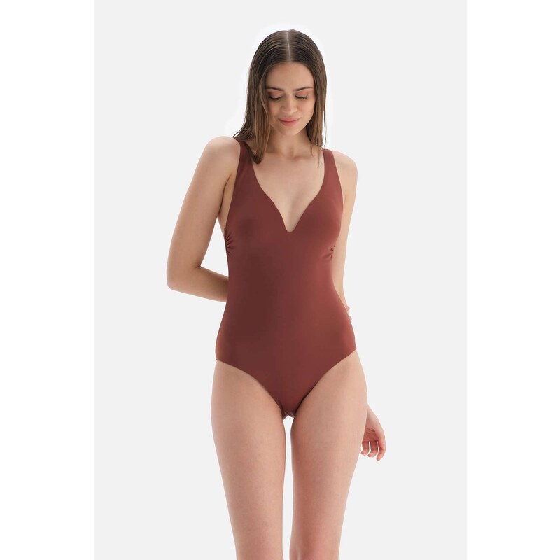 Dagi Brown Triangle Wide V-Neck Swimsuit