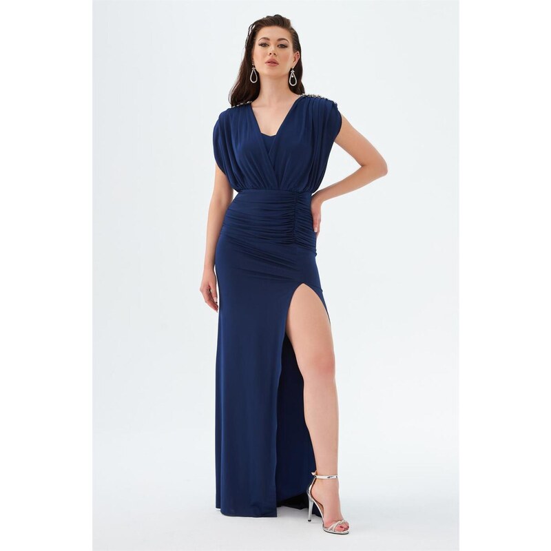 Carmen Navy Blue Sandy Slit Decollete Long Evening Dress