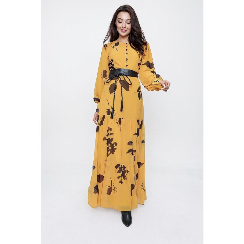 By Saygı Yellow Floral Pattern Long Chiffon Dress with Half-Buttons in the Front with a Belt and Lined Waist.