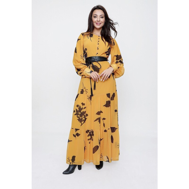 By Saygı Yellow Floral Pattern Long Chiffon Dress with Half-Buttons in the Front with a Belt and Lined Waist.