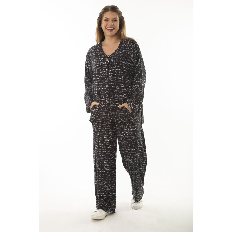 Şans Womens Plus Size Black Woven Viscose Fabric Front Zippered Blouse 115721520
