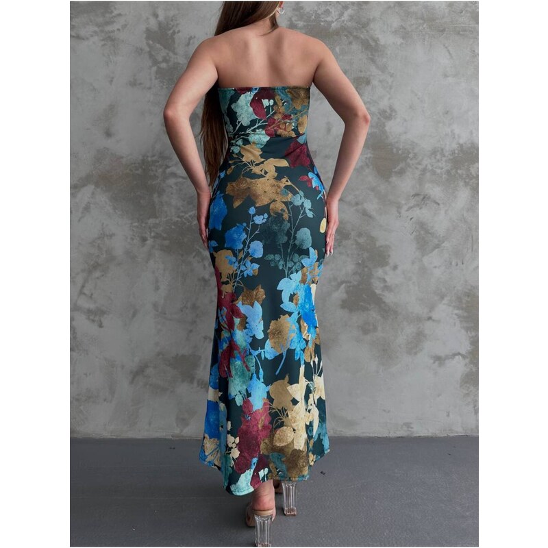 BİKELİFE Women's Floral Patterned Strapless Midi Length Dress