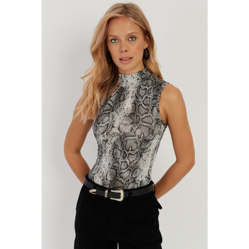 Cool & Sexy Women's Stone-Black Snake Patterned Sleeveless Blouse