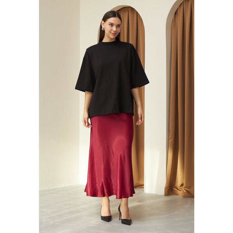 Laluvia Burgundy Flared Rise Waist Long Satin Skirt