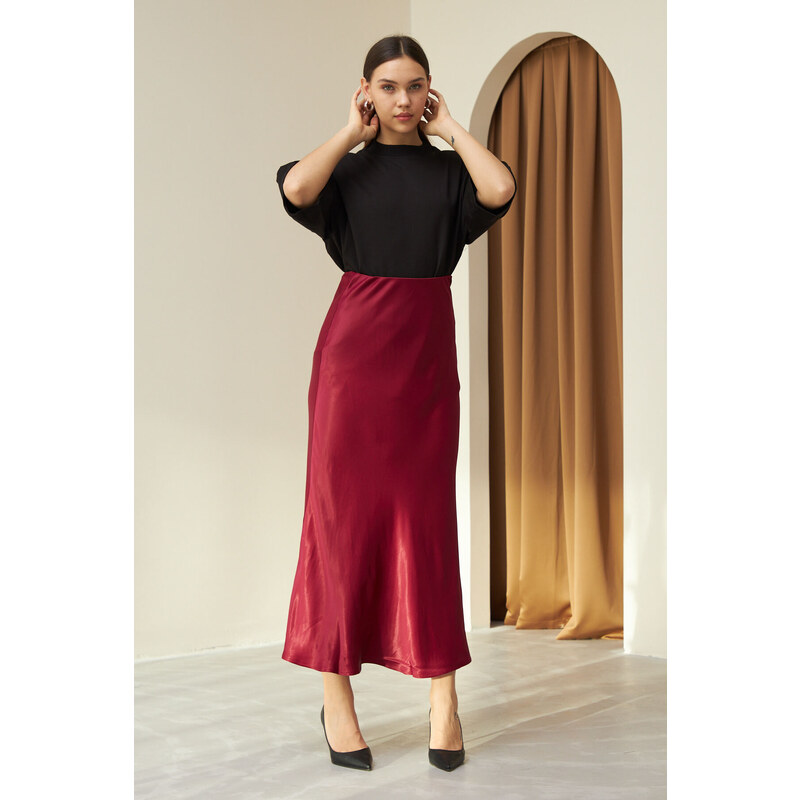 Laluvia Burgundy Flared Rise Waist Long Satin Skirt