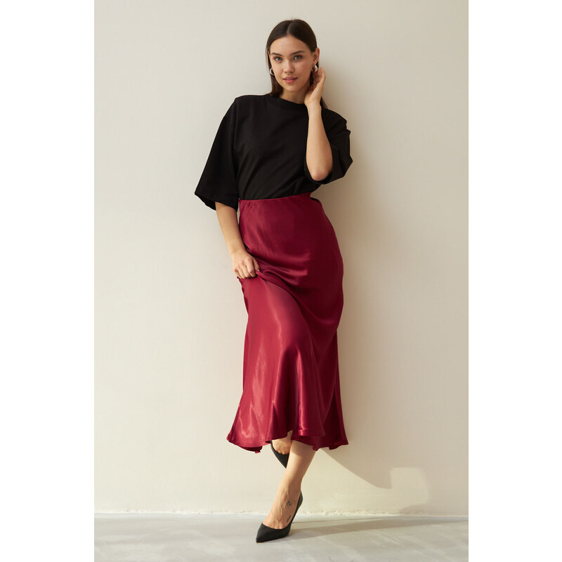 Laluvia Burgundy Flared Rise Waist Long Satin Skirt