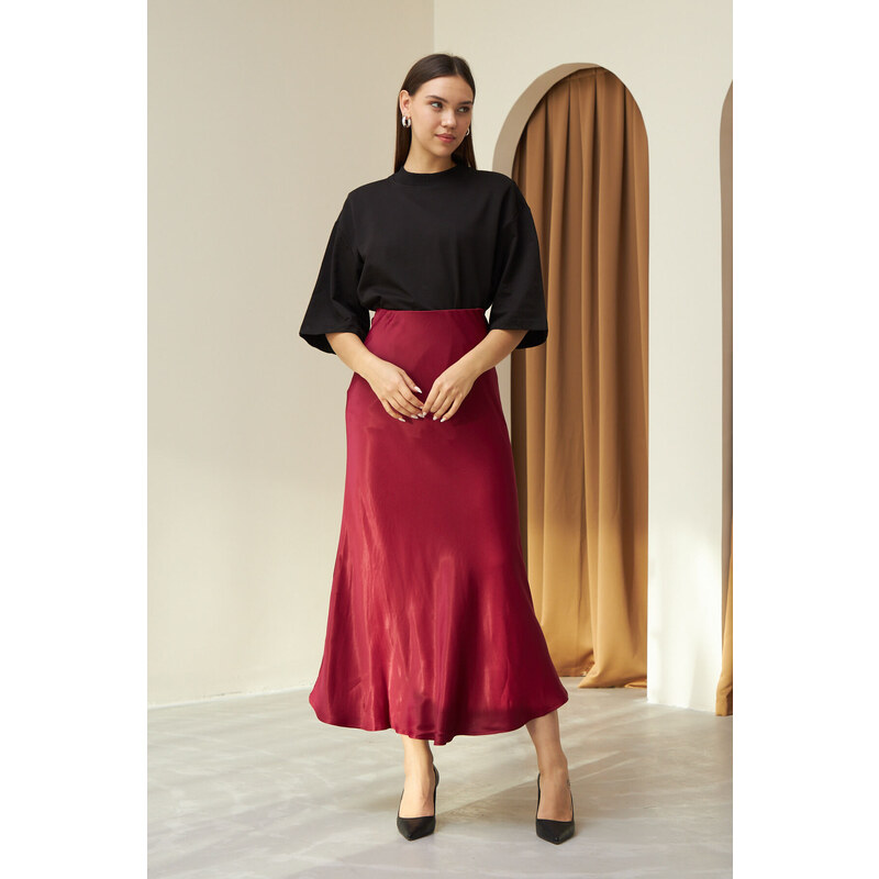 Laluvia Burgundy Flared Rise Waist Long Satin Skirt