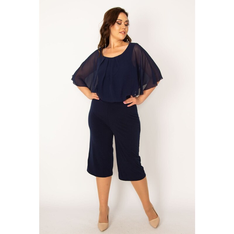 Şans Women's Plus Size Navy Blue Chiffon Detailed Jersey Jumpsuit