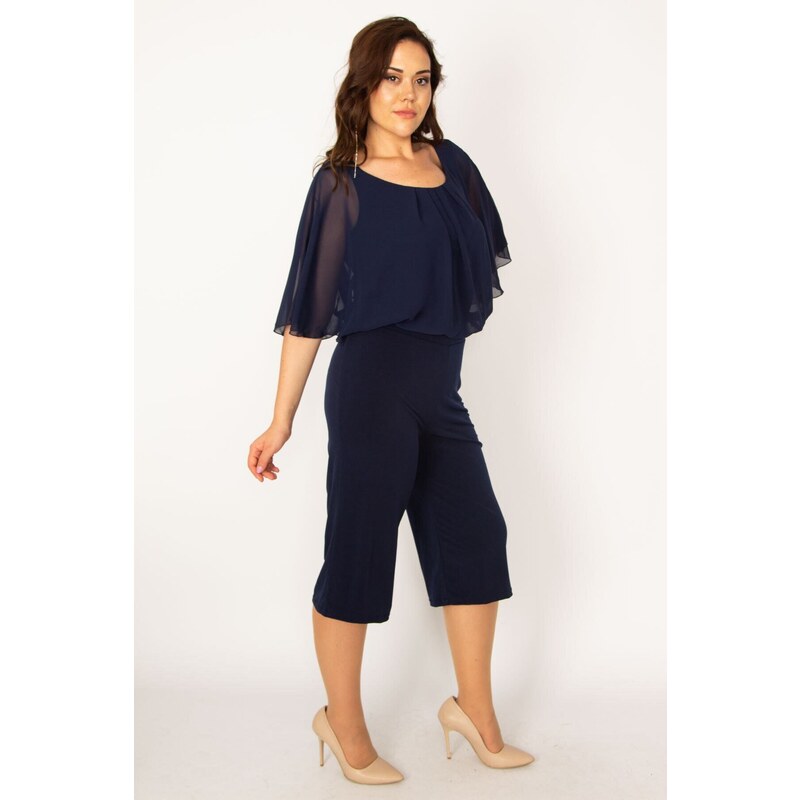 Şans Women's Plus Size Navy Blue Chiffon Detailed Jersey Jumpsuit