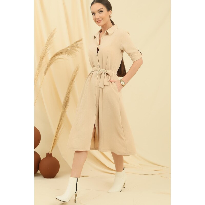 By Saygı Front Buttoned Sleeve Fold Waist Belted Pocket Dress