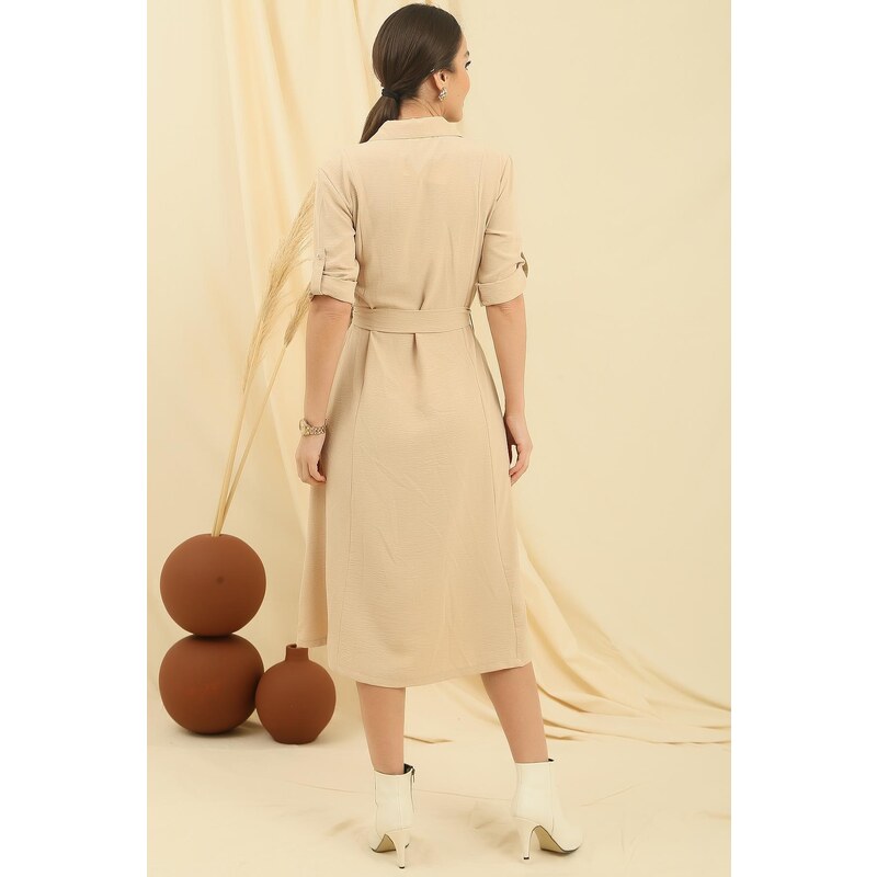 By Saygı Front Buttoned Sleeve Fold Waist Belted Pocket Dress