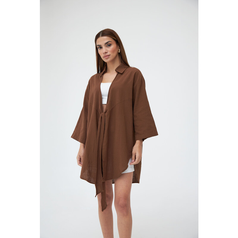 Laluvia Brown Flam Linen Kimono Shirt