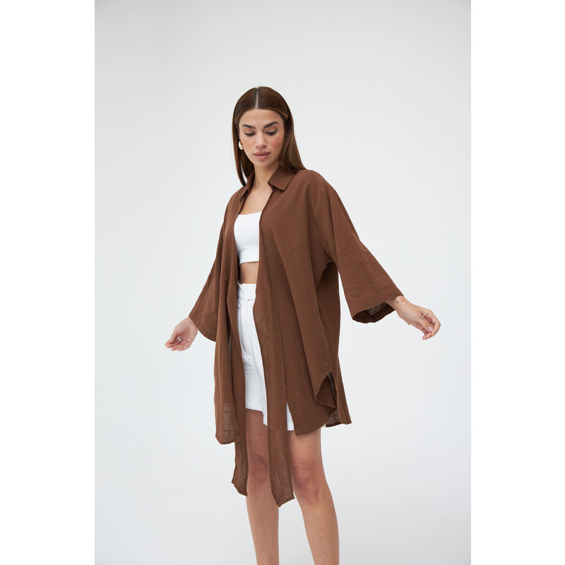 Laluvia Brown Flam Linen Kimono Shirt