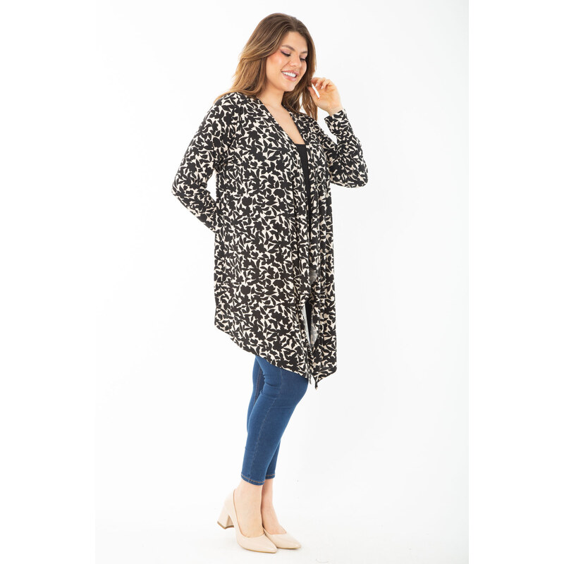 Şans Women's Plus Size Black Long Sleeve Patterned Viscose Cardigan