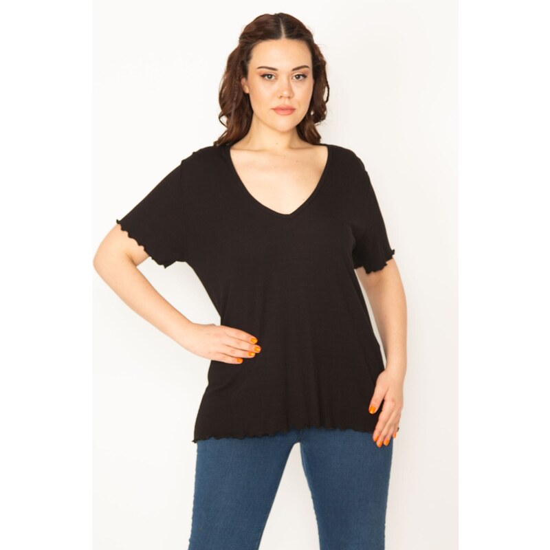 Şans Women's Plus Size Black V-Neck Lycra Blouse