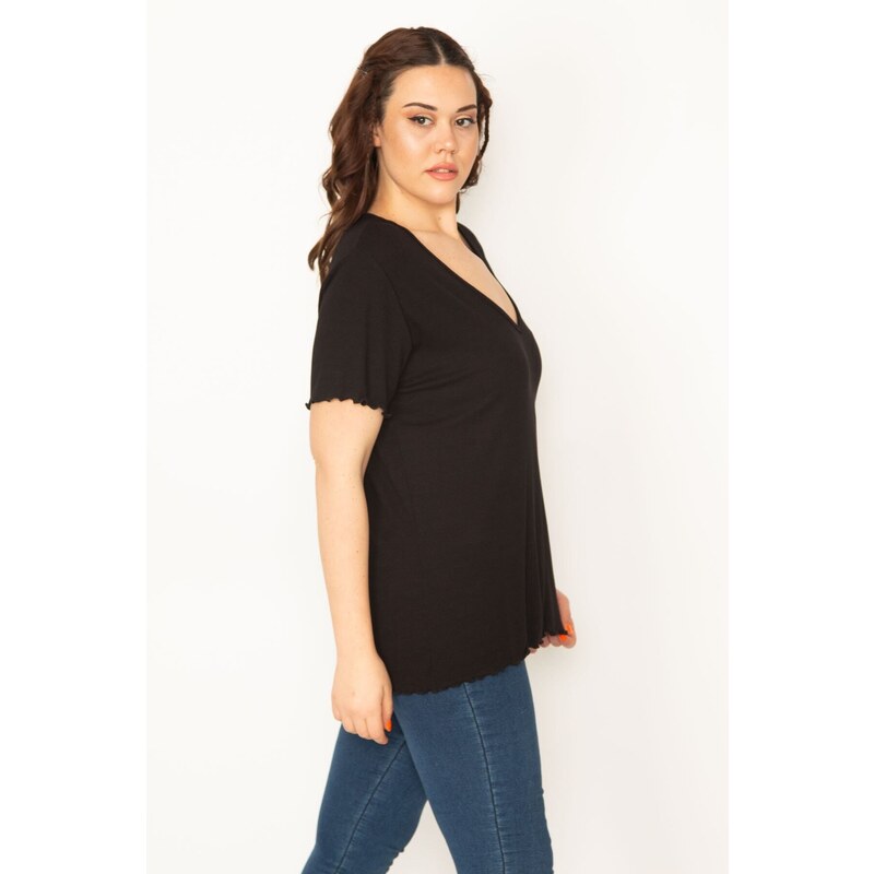 Şans Women's Plus Size Black V-Neck Lycra Blouse