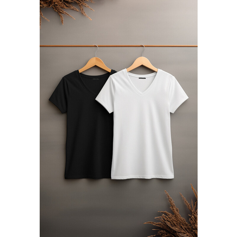 Trendyol Curve Black and White 2-Pack Basic Knitted T-Shirt