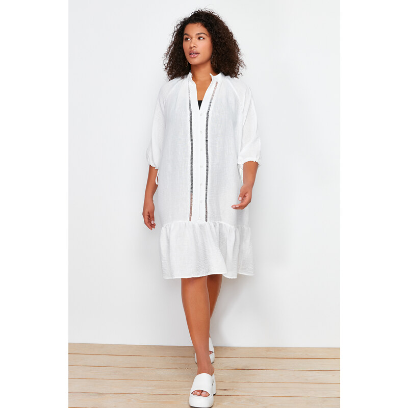 Trendyol Curve White V-Neck Flounce Hem Beach Dress