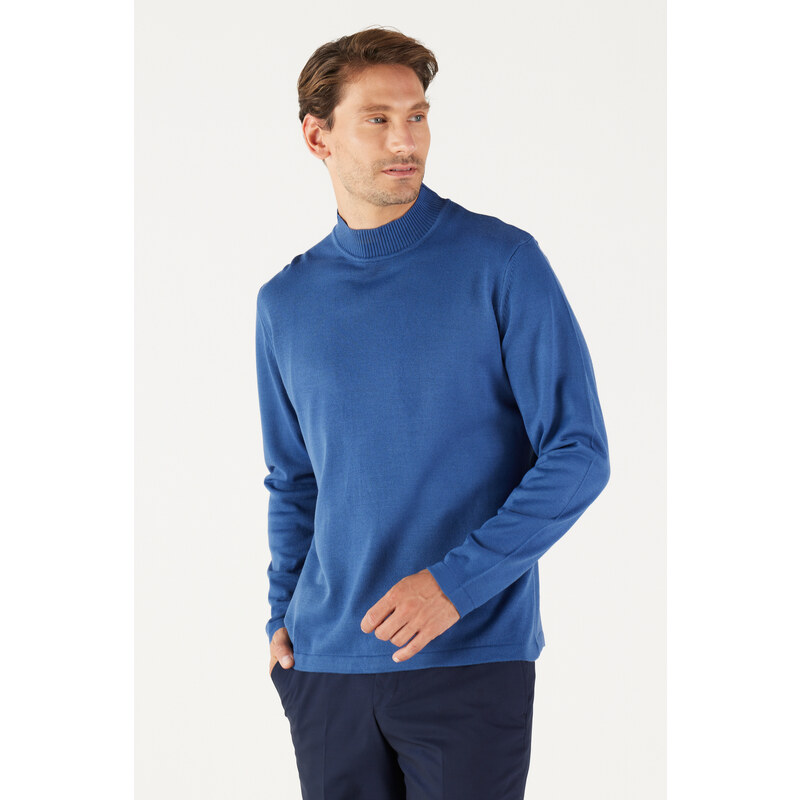 AC&Co / Altınyıldız Classics Men's Indigo Anti-Pilling Standard Fit Normal Cut Half Turtleneck Knitwear Sweater.