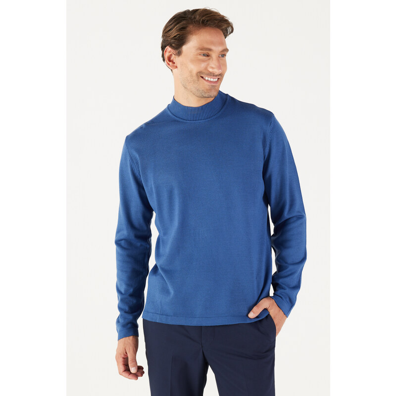 AC&Co / Altınyıldız Classics Men's Indigo Anti-Pilling Standard Fit Normal Cut Half Turtleneck Knitwear Sweater.