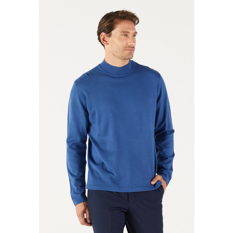 AC&Co / Altınyıldız Classics Men's Indigo Anti-Pilling Standard Fit Normal Cut Half Turtleneck Knitwear Sweater.