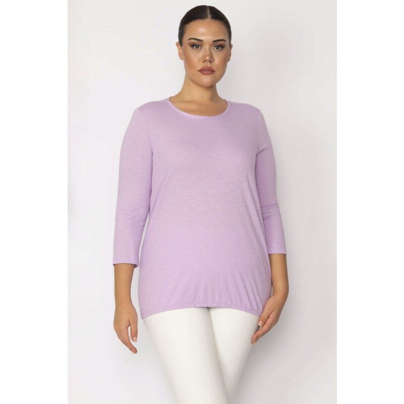 Şans Women's Plus Size Lilac Crew Neck Pinstripe Blouse with Capri Sleeves