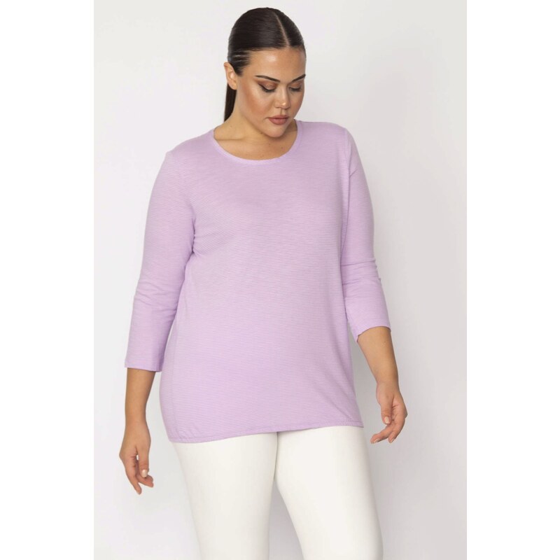 Şans Women's Plus Size Lilac Crew Neck Pinstripe Blouse with Capri Sleeves