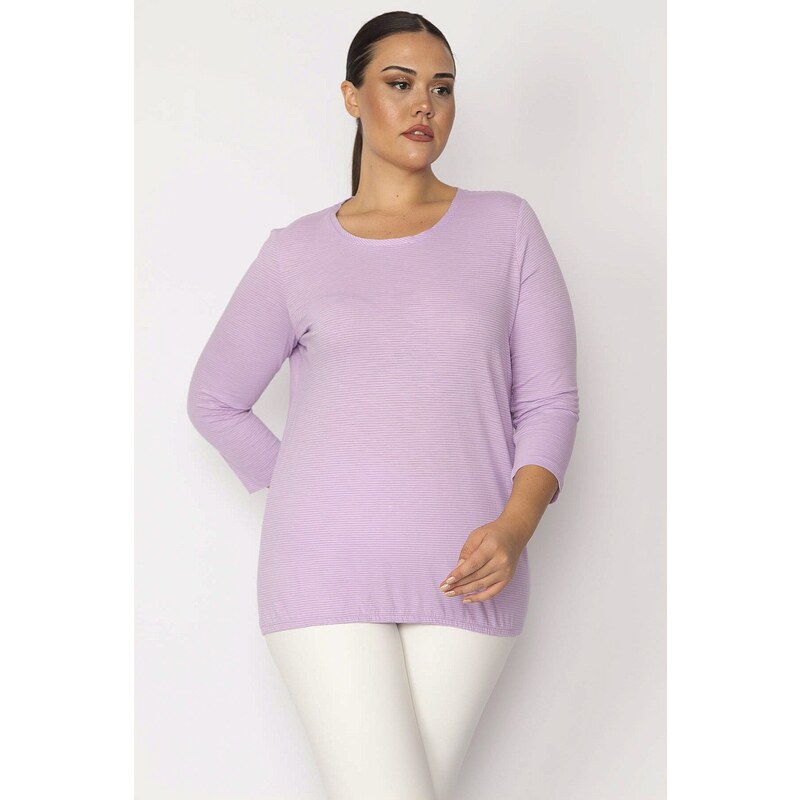 Şans Women's Plus Size Lilac Crew Neck Pinstripe Blouse with Capri Sleeves