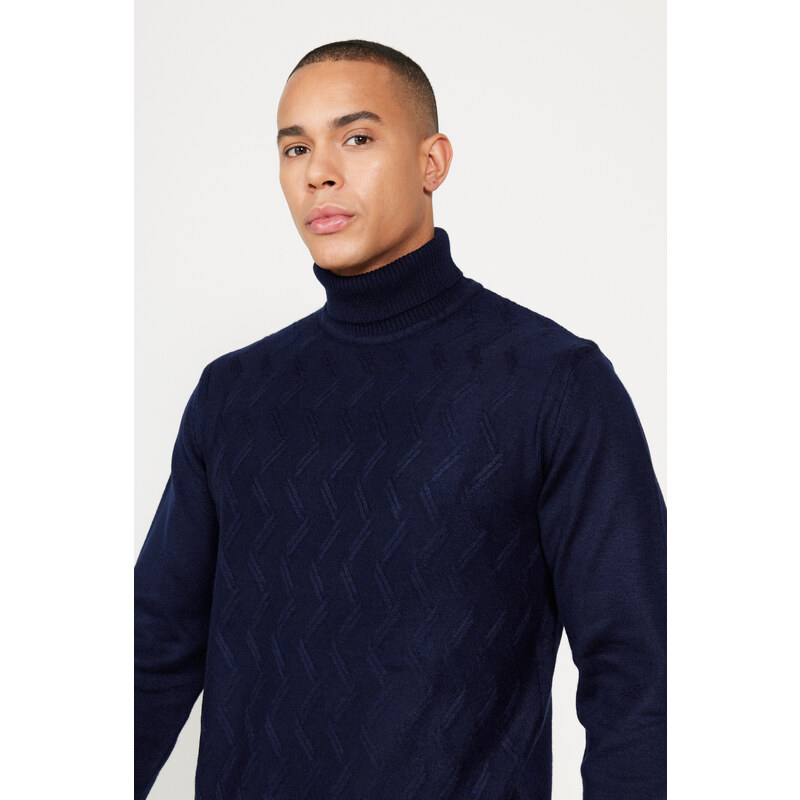 ALTINYILDIZ CLASSICS Men's Navy Blue Standard Fit Regular Fit Full Turtleneck Jacquard Knitwear Sweater