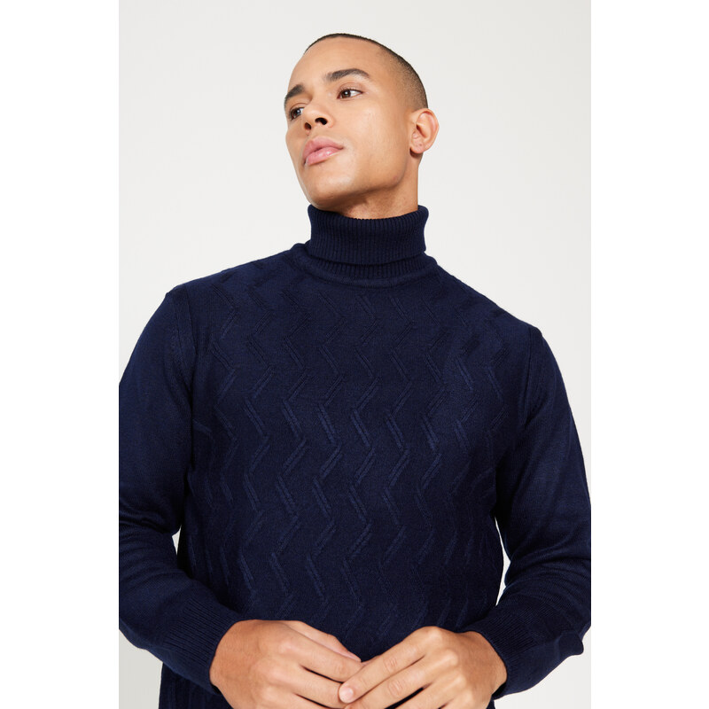 ALTINYILDIZ CLASSICS Men's Navy Blue Standard Fit Regular Fit Full Turtleneck Jacquard Knitwear Sweater