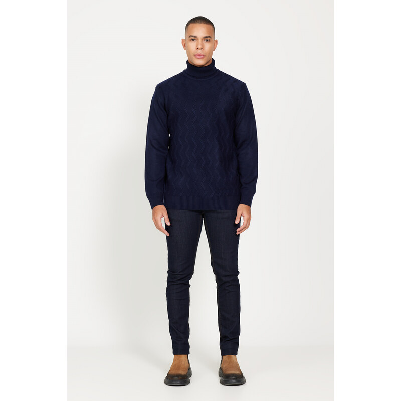 ALTINYILDIZ CLASSICS Men's Navy Blue Standard Fit Regular Fit Full Turtleneck Jacquard Knitwear Sweater