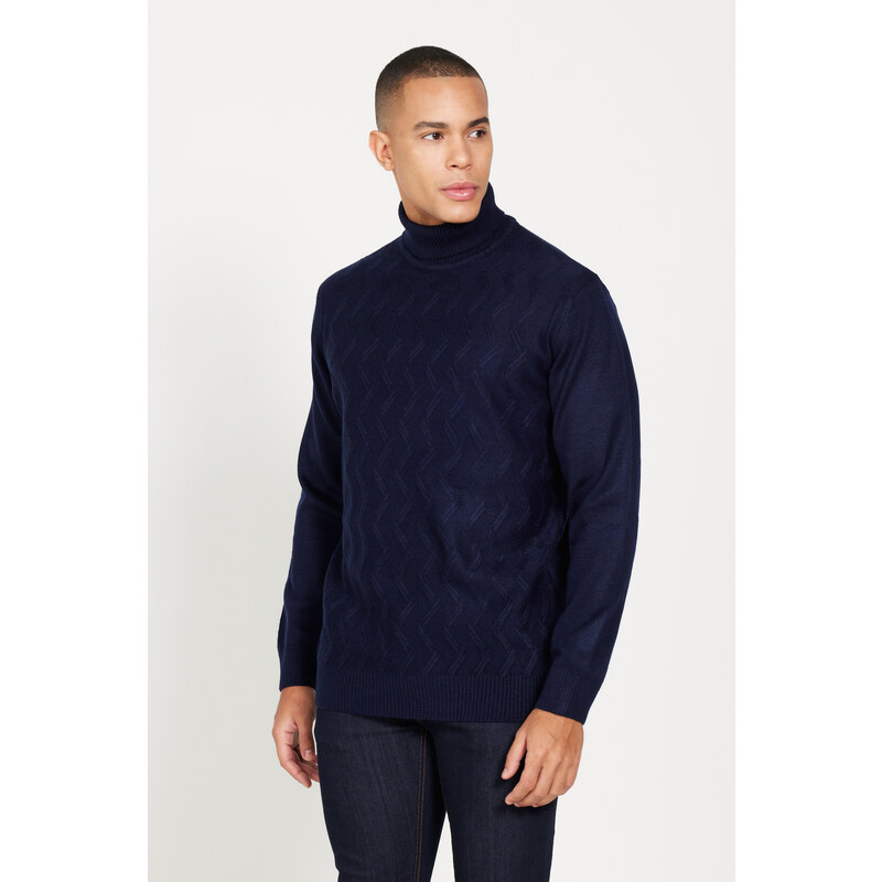 ALTINYILDIZ CLASSICS Men's Navy Blue Standard Fit Regular Fit Full Turtleneck Jacquard Knitwear Sweater