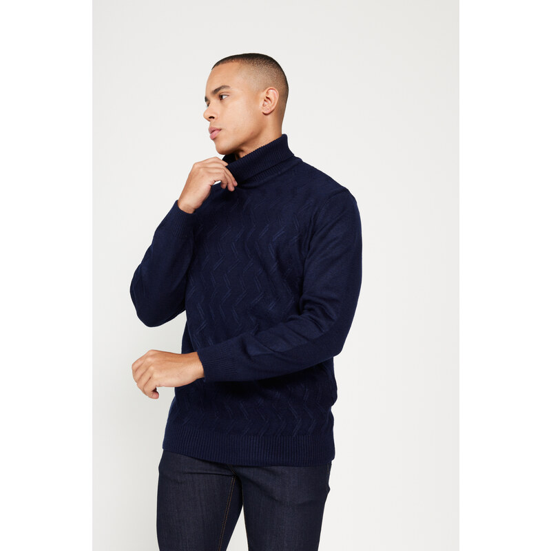 ALTINYILDIZ CLASSICS Men's Navy Blue Standard Fit Regular Fit Full Turtleneck Jacquard Knitwear Sweater