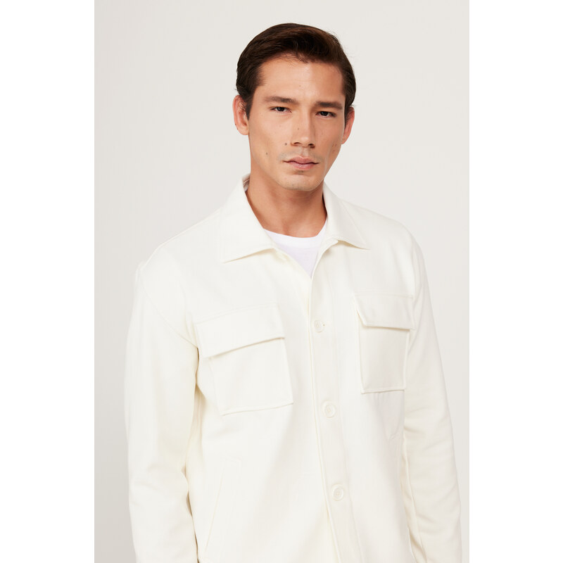 AC&Co / Altınyıldız Classics Men's Ecru Oversize Fit Wide Cut Classic Collar Cotton Patterned Shirt Jacket