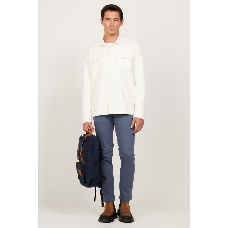 AC&Co / Altınyıldız Classics Men's Ecru Oversize Fit Wide Cut Classic Collar Cotton Patterned Shirt Jacket