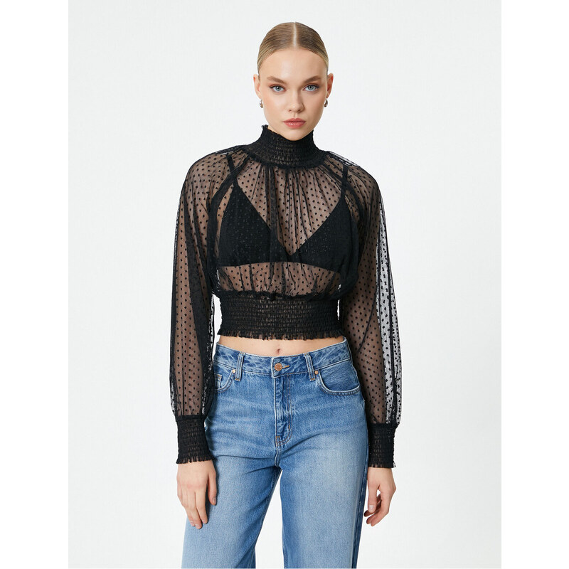 Koton Sheer Lace Blouse High Neck Gimped