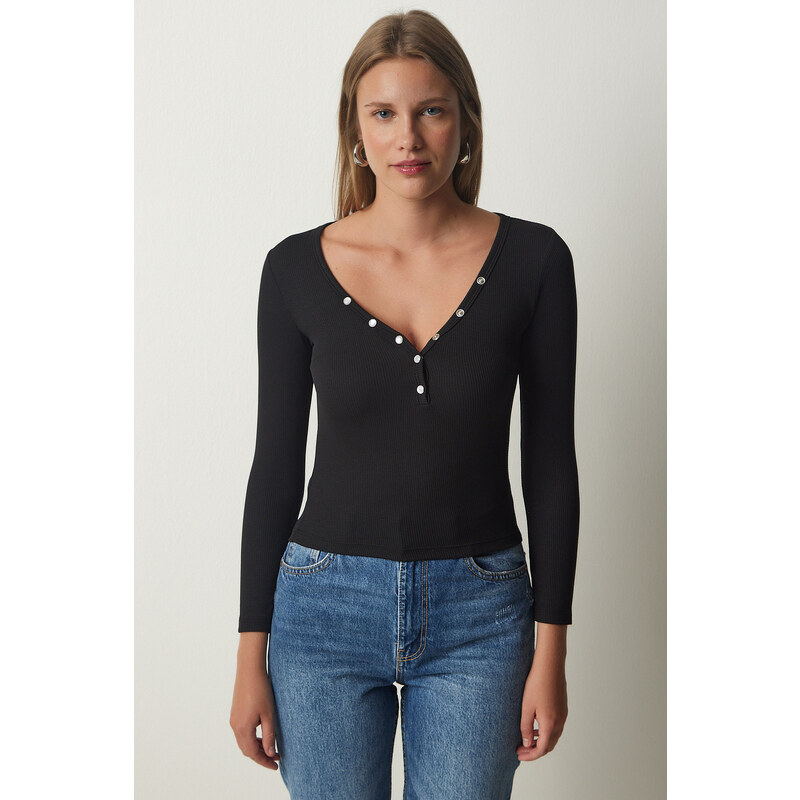 Happiness İstanbul Women's Black Button Collar Ribbed Crop Knitted Blouse