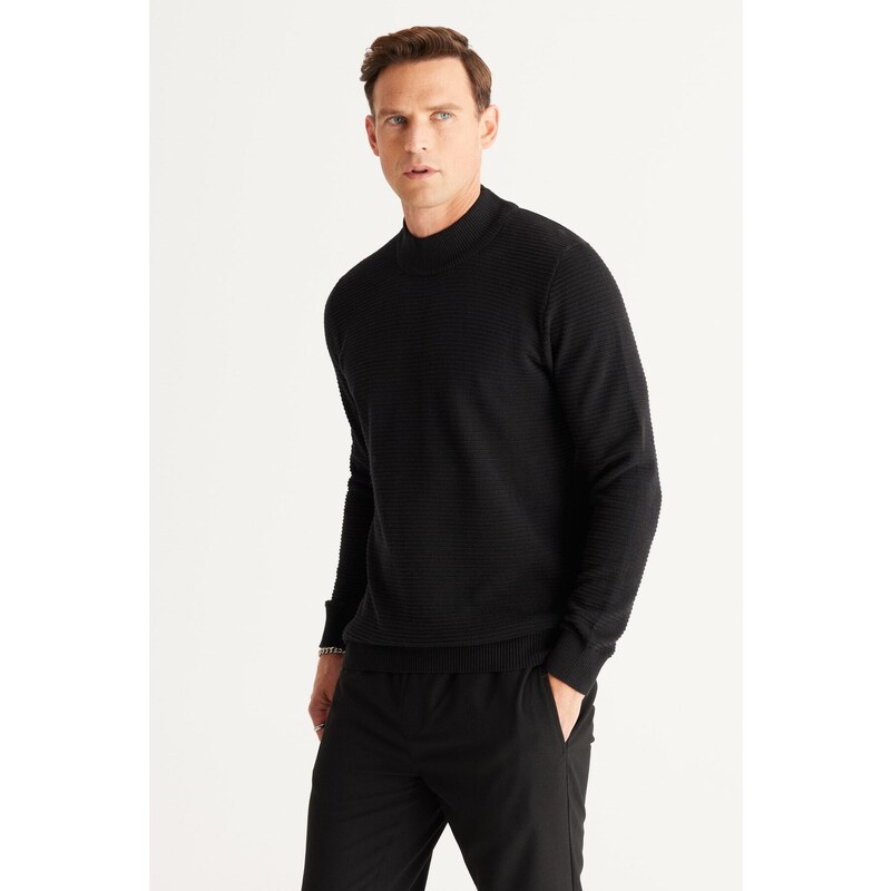 AC&Co / Altınyıldız Classics Men's Black Standard Fit Half Turtleneck Cotton Patterned Knitwear Sweater