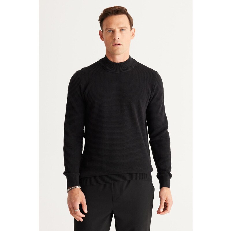 AC&Co / Altınyıldız Classics Men's Black Standard Fit Half Turtleneck Cotton Patterned Knitwear Sweater