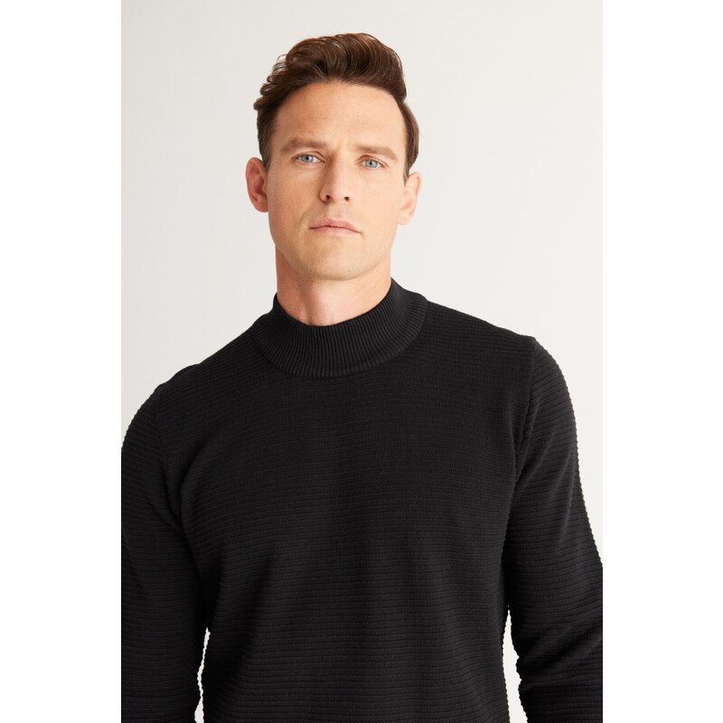 AC&Co / Altınyıldız Classics Men's Black Standard Fit Half Turtleneck Cotton Patterned Knitwear Sweater