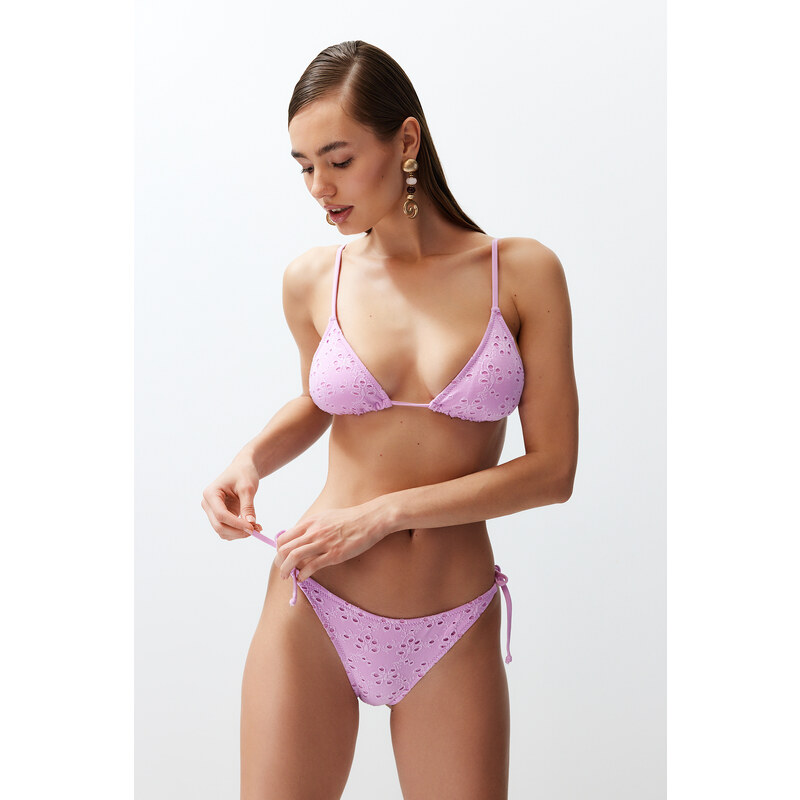 Trendyol Pink Triangle Tied Textured Regular Bikini Set