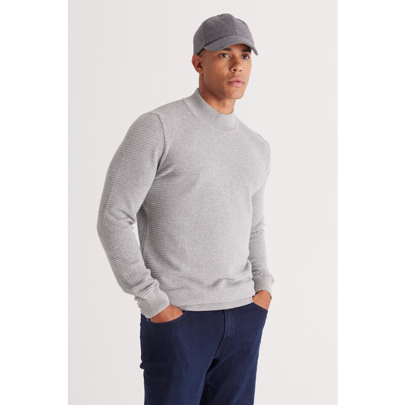 AC&Co / Altınyıldız Classics Men's Gray Melange Standard Fit Half Turtleneck Cotton Patterned Knitwear Sweater