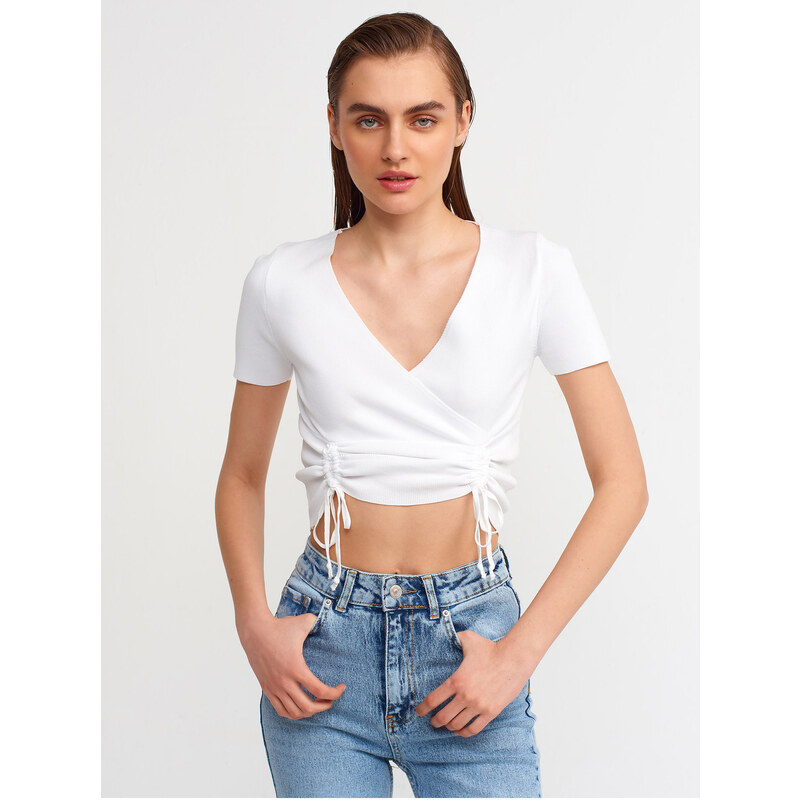 Dilvin 10194 Double-breasted Collar Pleated Front Tricot Crop-ecru.