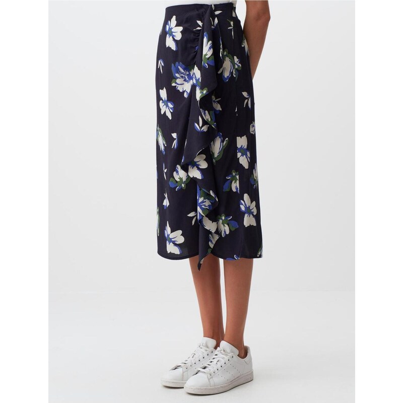 Jimmy Key Navy Blue Normal Waist Floral Patterned Midi Skirt