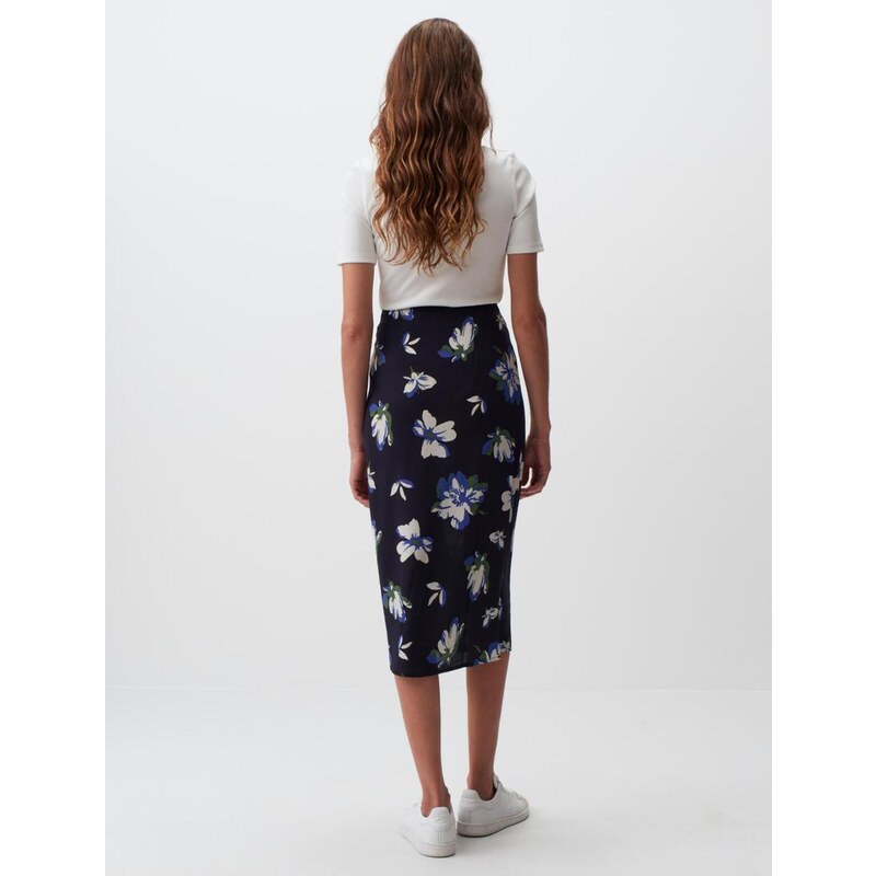 Jimmy Key Navy Blue Normal Waist Floral Patterned Midi Skirt