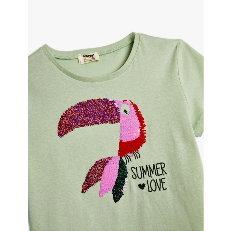 Koton Parrot T-Shirt Sequin Sequined Short Sleeve Cotton
