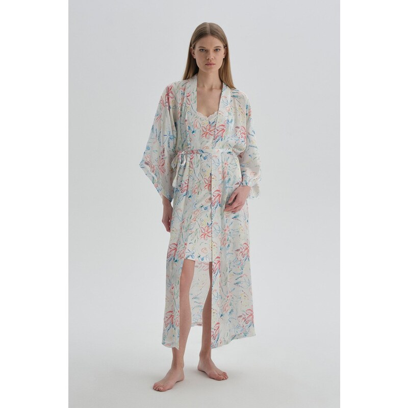 Dagi Ecru Patterned Three-Quarter Sleeve Woven Dressing Gown