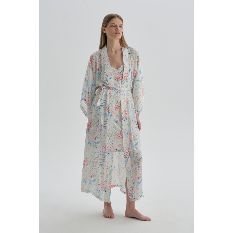 Dagi Ecru Patterned Three-Quarter Sleeve Woven Dressing Gown