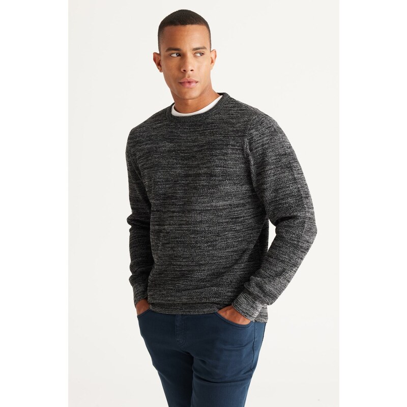 ALTINYILDIZ CLASSICS Men's Black-gray Standard Fit Normal Cut Crew Neck Rice Knit Patterned Knitwear